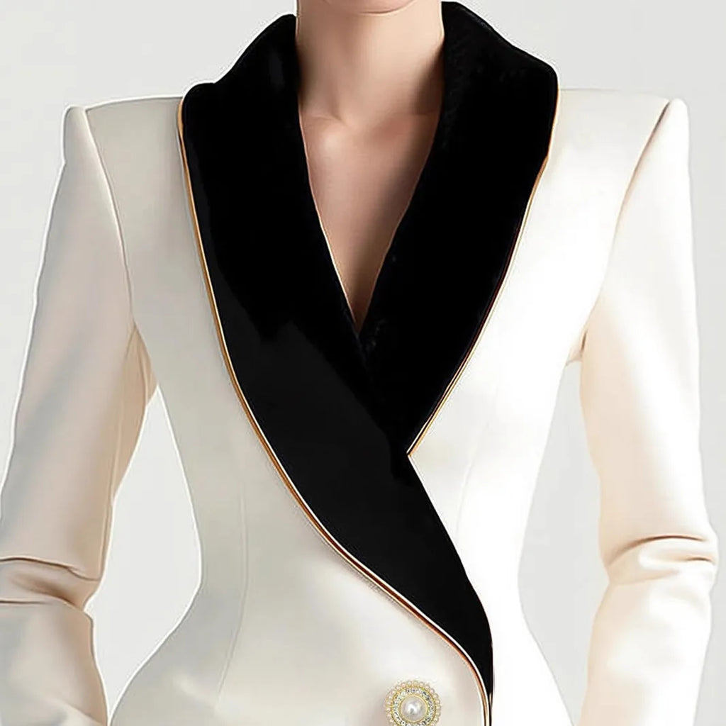 Women's beige irregular long sleeve coat with golden pearl buttons
