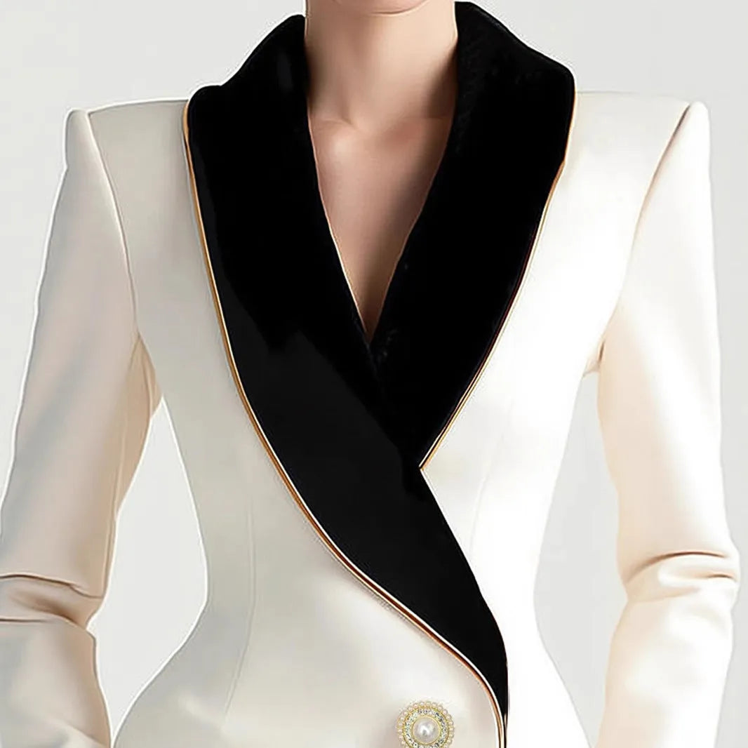 Women's beige irregular long sleeve coat with golden pearl buttons