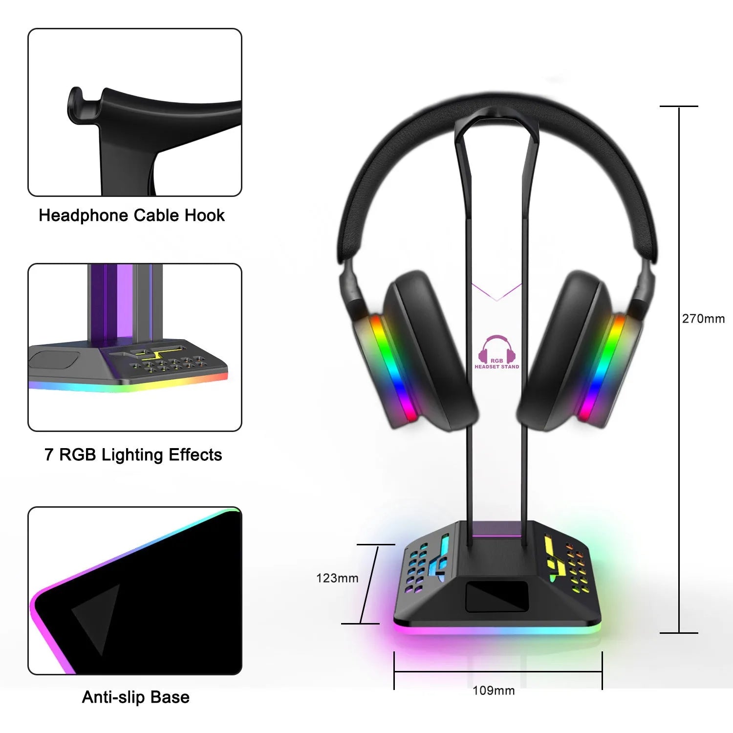 RGB headphone bracket with colour-changing LED lights and dual USB ports displaying headphones