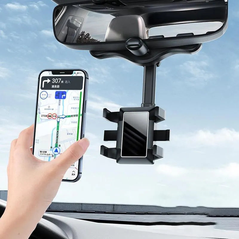 Black rearview mirror car phone holder with 360-degree rotation and retractable arm