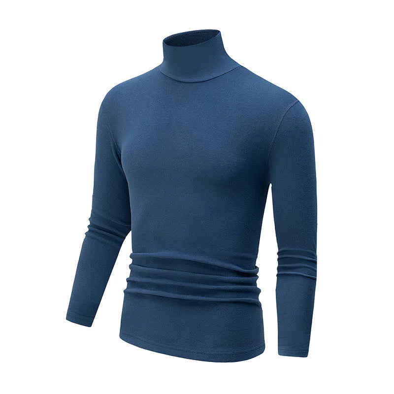 Men's solid colour high-neck polyester base layer top in black, long sleeves, thick fabric for winter warmth
