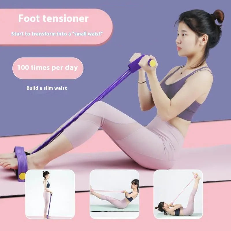 Yoga four piece fitness set showing leg stretching device, foot pedal resistance band, yoga ring, and figure eight tension rope