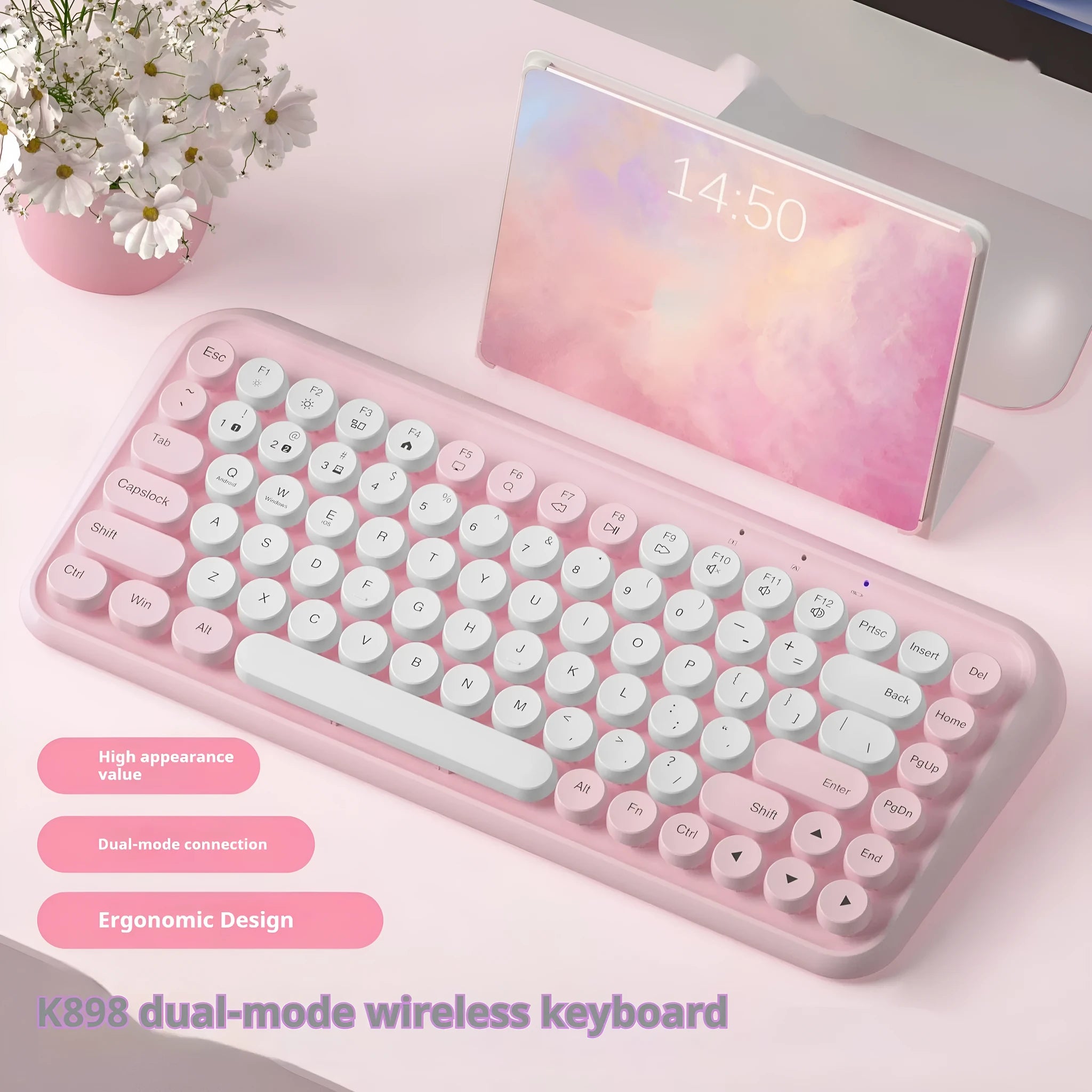 Pink wireless Bluetooth keyboard with 84 keys measuring 339mm wide