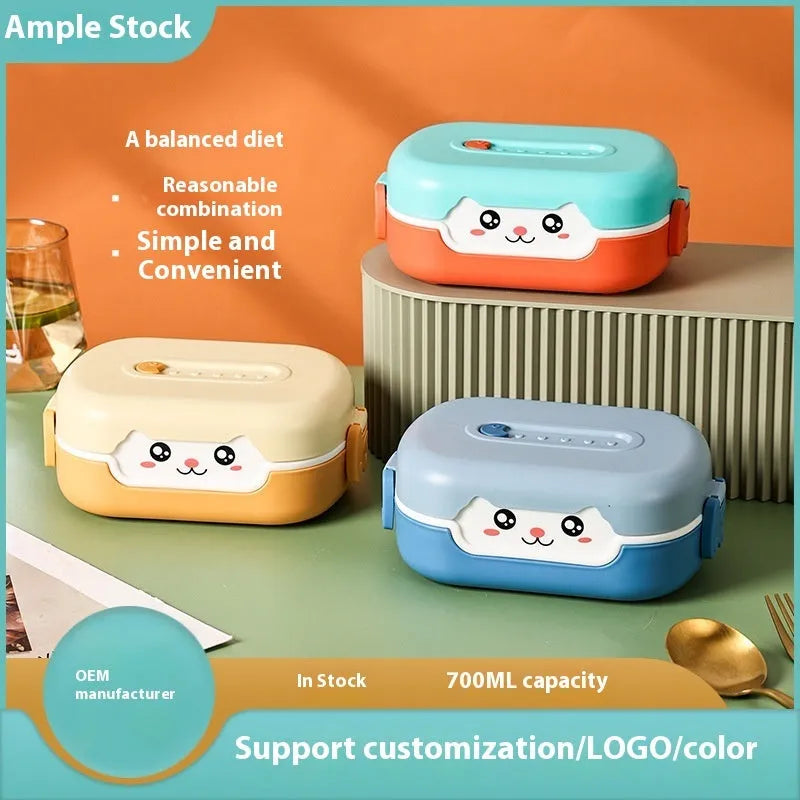 Square plastic lunch box with divided compartments in dark blue, orange, and pink-green colour options