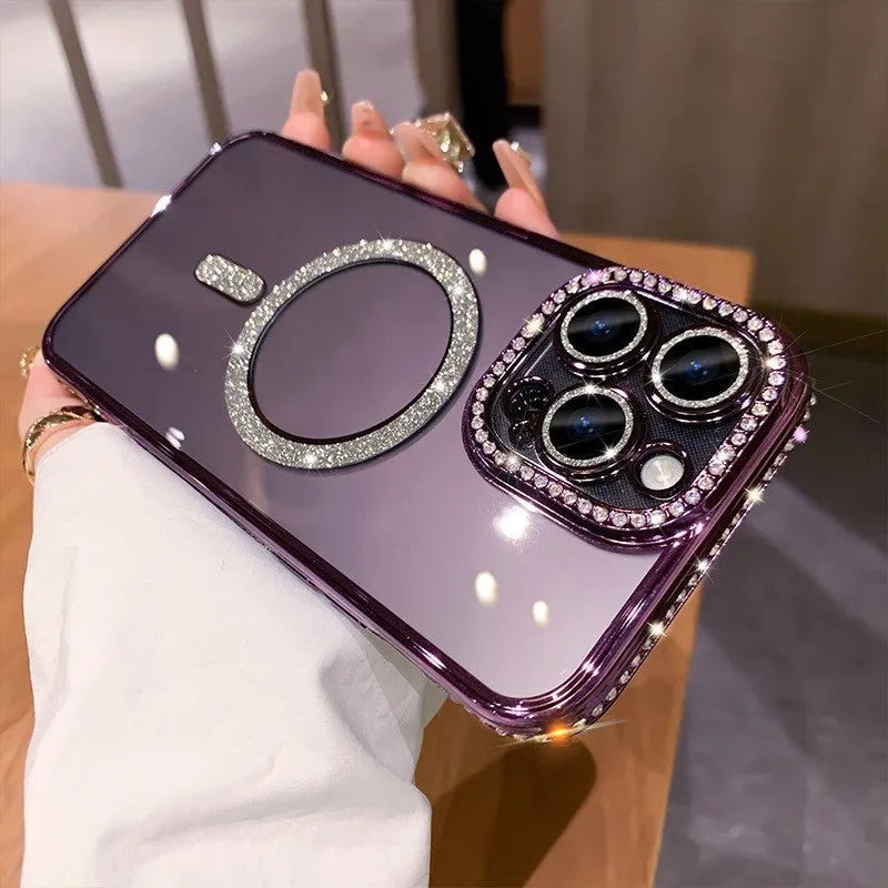 Wireless magnetic iPhone case in deep purple, showing soft silicone edges and electroplated back.