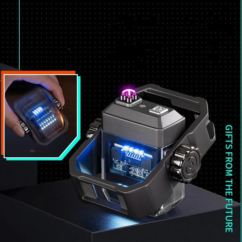 Blue arc lighter with dual plasma flame and mechanical gyroscope, showing folded and extended positions