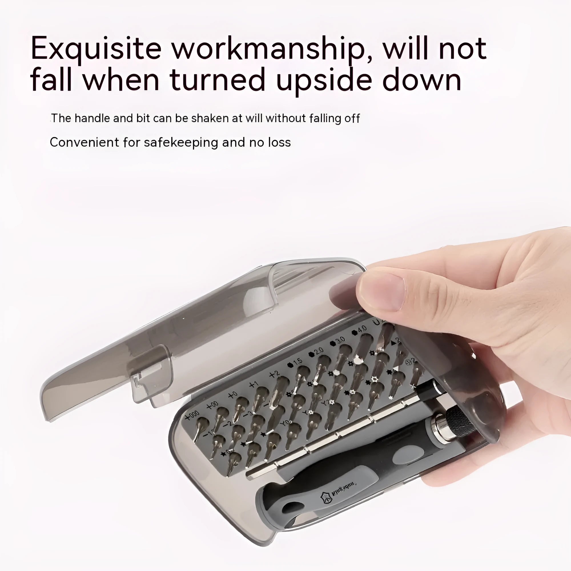 32-in-1 screwdriver set with 30 CRV bits in grey PP plastic storage case measuring 130x75x37mm