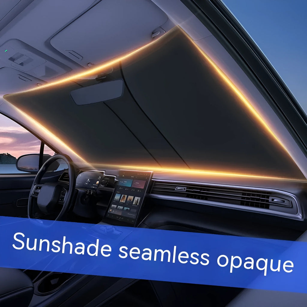Car sun shade with double rings and vent for front windscreen protection.