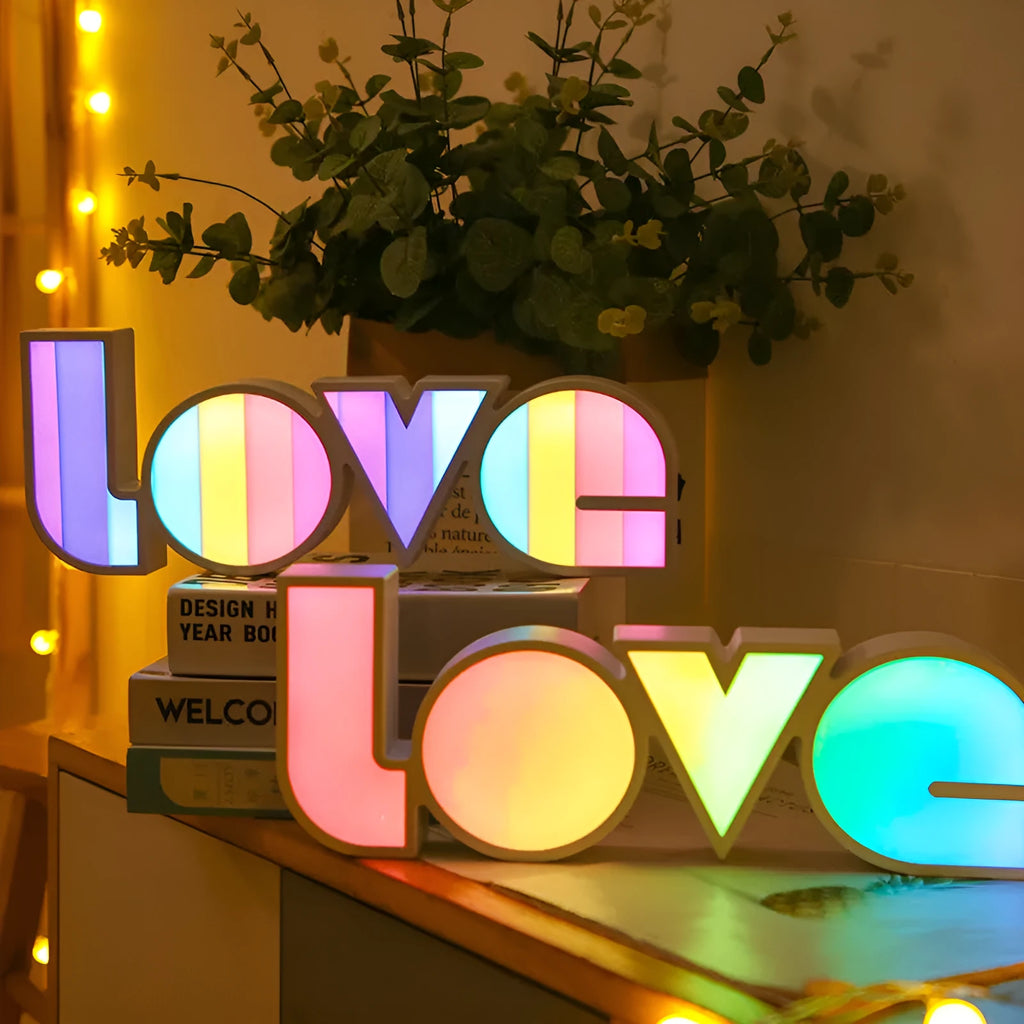 LED LOVE light with rainbow style lampshade measuring 35.5x13.5cm for decorative room and event lighting