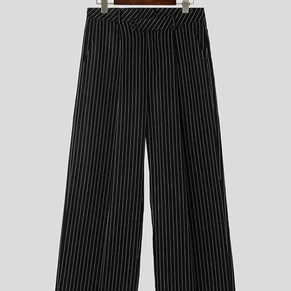 Black men's trousers with vertical striped pleated design showing elastic casual wear