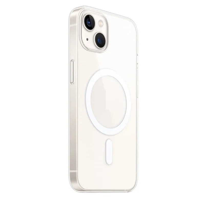 Clear transparent magnetic phone case for iPhone with MagSafe compatibility ring visible