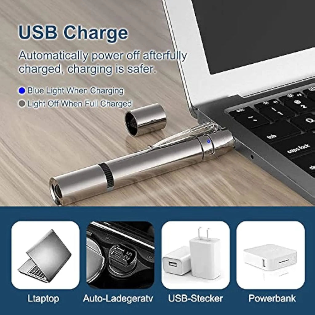 Silver aluminium alloy cat toy pointer with USB charging and multiple light patterns for indoor play