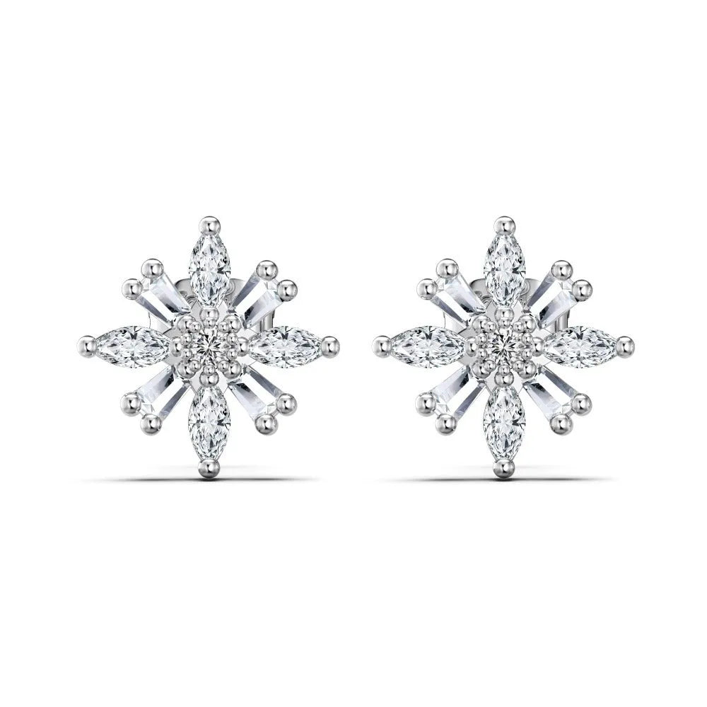 S925 sterling silver stud earrings with snowflake Mori style design in platinum white diamond colour
