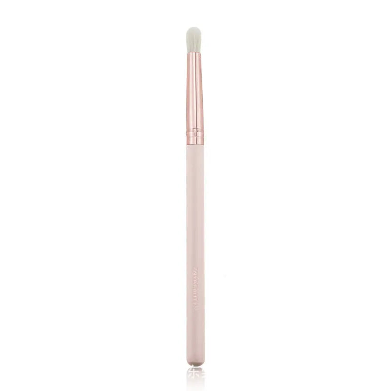 26 pink makeup brushes with wooden handles arranged in a PU carry case.