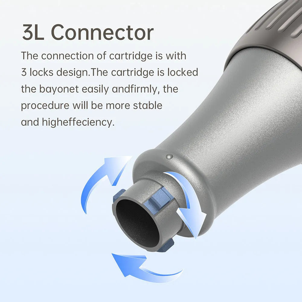Grey wireless electric micro-needle pen with USB charging port lying on a flat surface