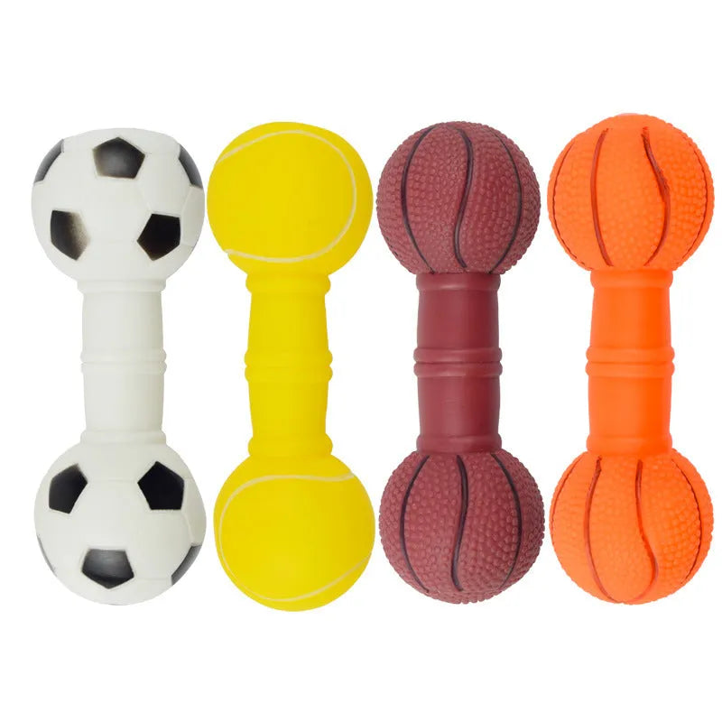 Brown orange white yellow football-dumbbell shaped dog chew toy with squeaky mechanism
