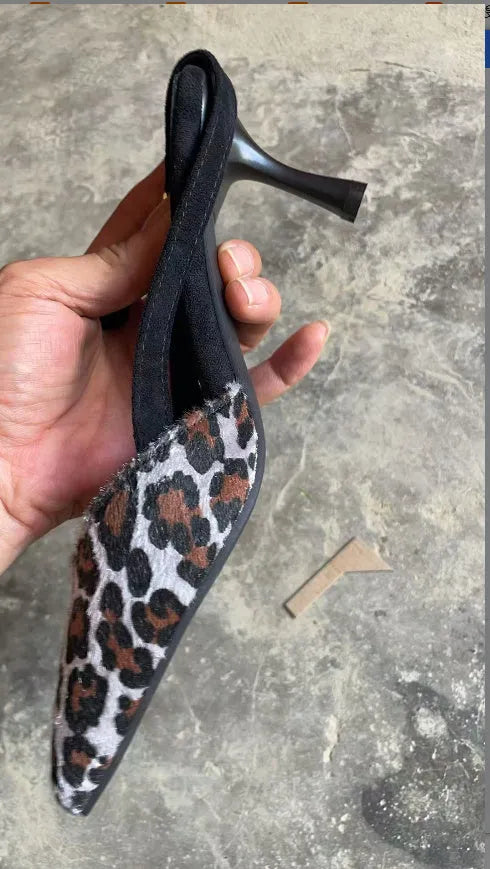 Women's leopard print suede sandals with pointed toe and scattered pattern detailing