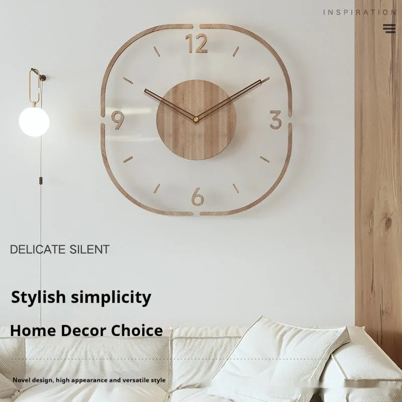 Transparent wooden frame wall clock in 35cm square modern design for living room or office