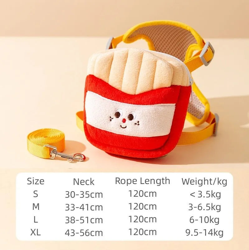 Cartoon hamburger chips design adjustable escape-proof vest leash rope for a dog.