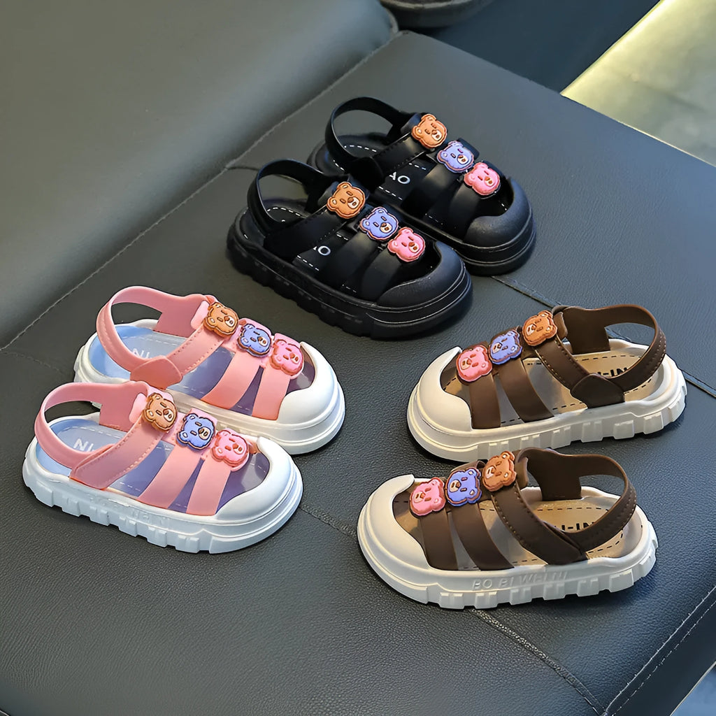 Boy baby shoes soft bottom non-slip PVC sole Velcro sandals cartoon design black