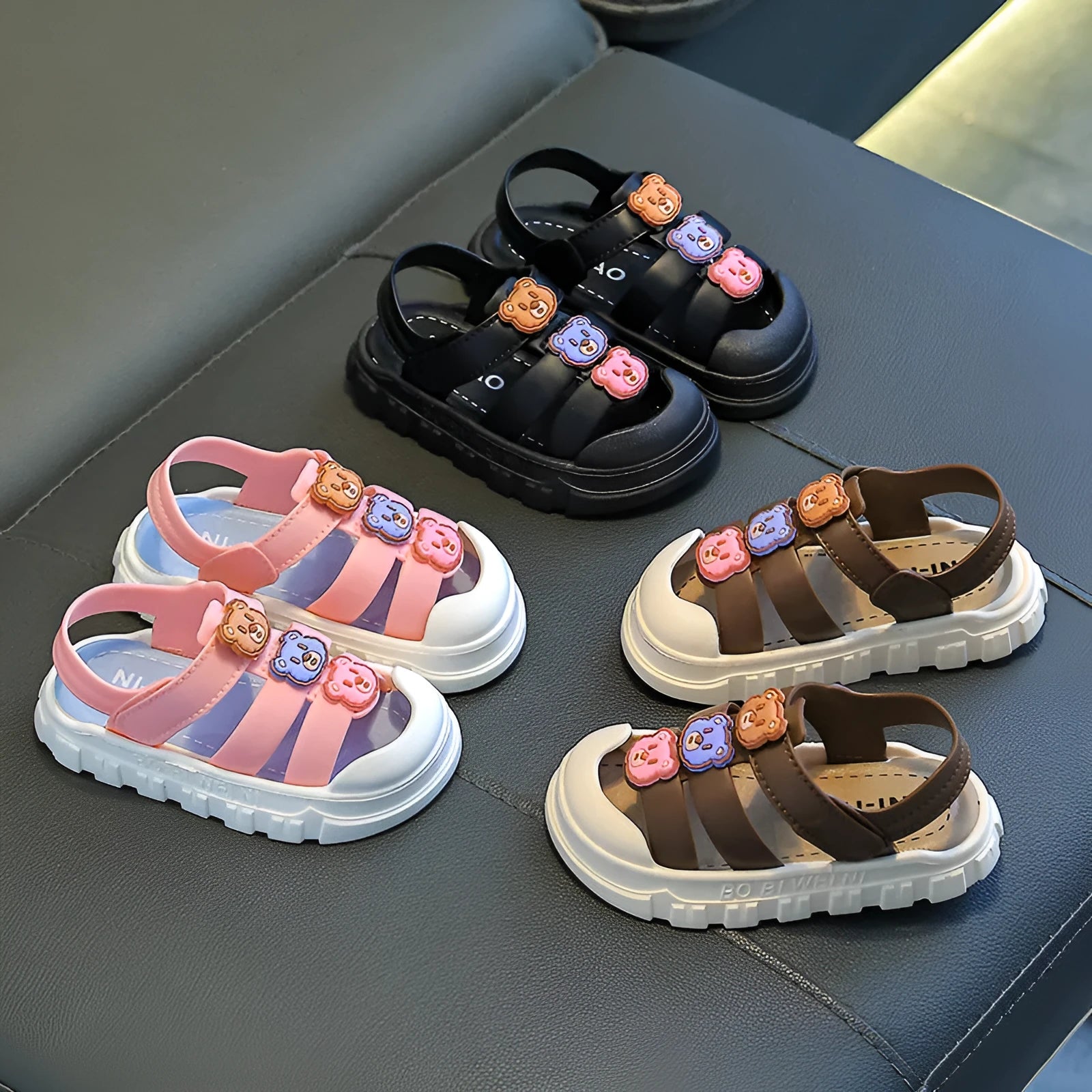 Boy baby shoes soft bottom non-slip PVC sole Velcro sandals cartoon design black
