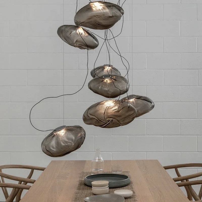 Modern decorative chandelier with glass shade in amber, clear or smoke grey colour options