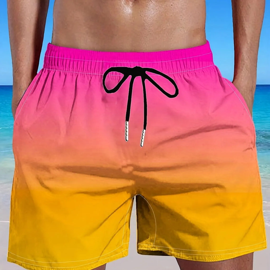 Men's gradient colour 3D digitally printed mesh sports shorts shown in multiple size options.
