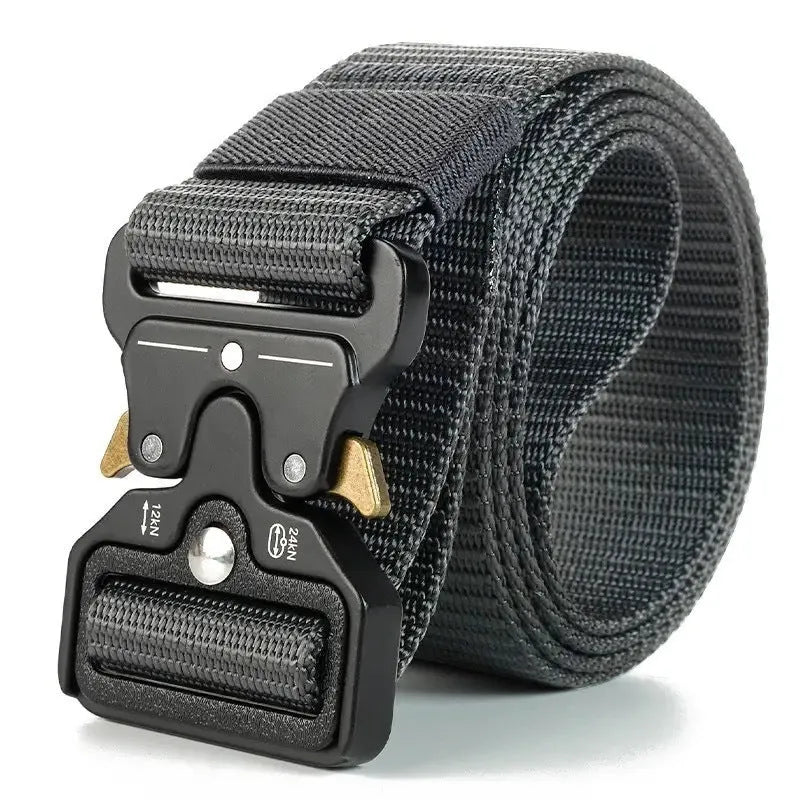 Men's thick canvas tactical belt with an alloy buckle shown in multiple colour options: black, khaki, green, blue, and brown.