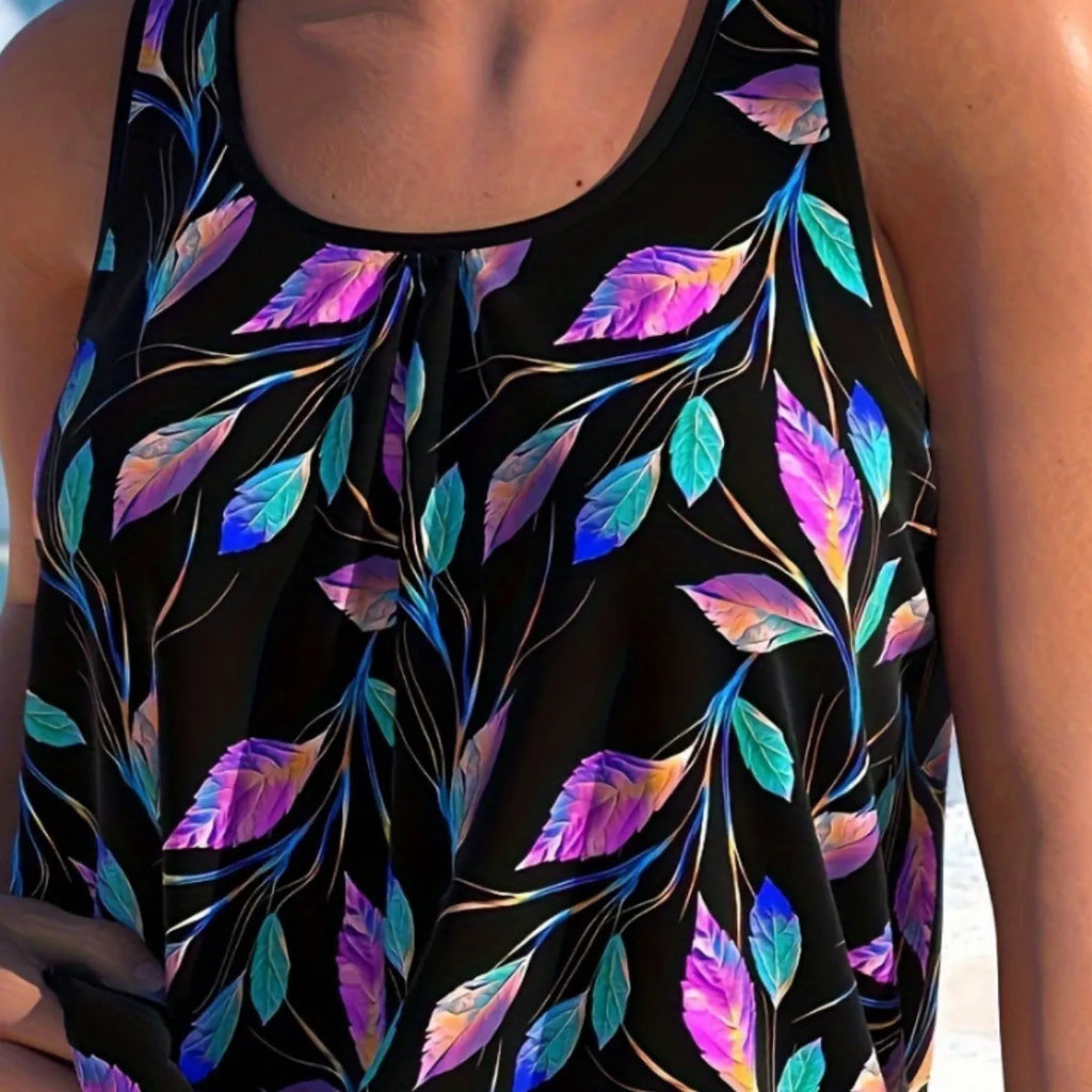 Women's pure colour leaf design two-piece polyester swimsuit set showing top and shorts