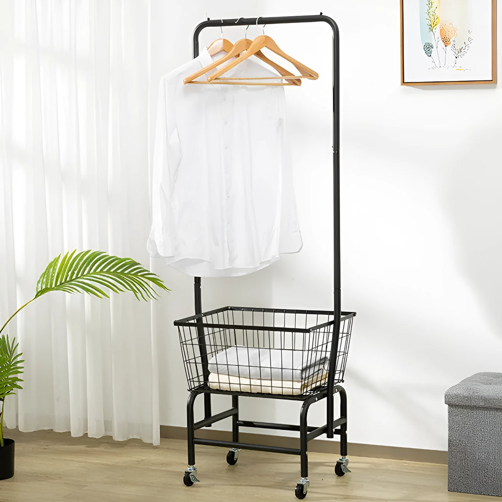 Single rod pulley storage car wall-mounted garment rack in black or white iron construction