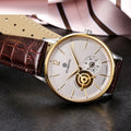Men's stainless steel automatic business watch with sapphire crystal and brown leather strap