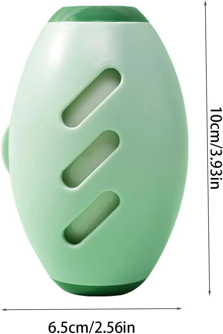 Green washable reusable gel lint roller ball for pet hair removal on a blue sweater.