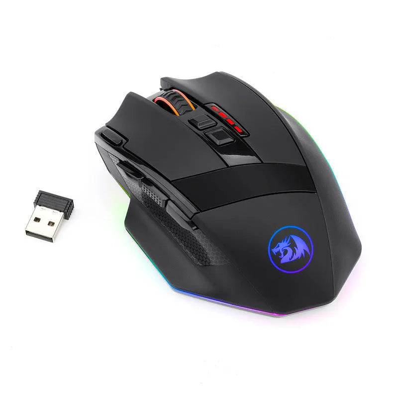 Black Redragon M801P wireless dual-mode gaming mouse with multiple side buttons on a grey surface.