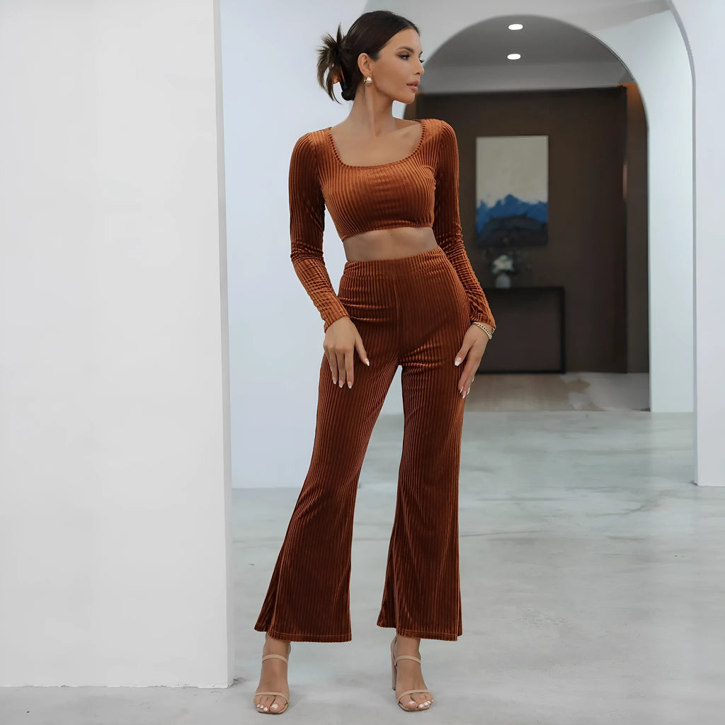 Caramel coloured long sleeve sweater set with matching top and trousers