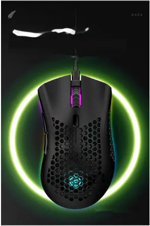 Hollow-out wireless gaming mouse with glowing light, shown in cyan colour on a desk.