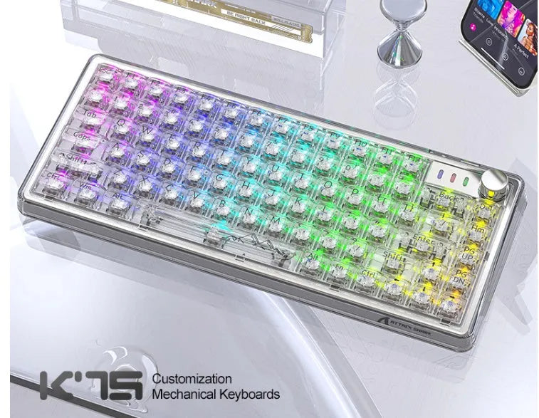 Attack Shark K75RGB wireless mechanical keyboard with transparent black case showing RGB backlighting and 75% layout