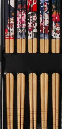 Five pairs of bamboo chopsticks with Japanese cartoon patterns in lucky cat or blue designs