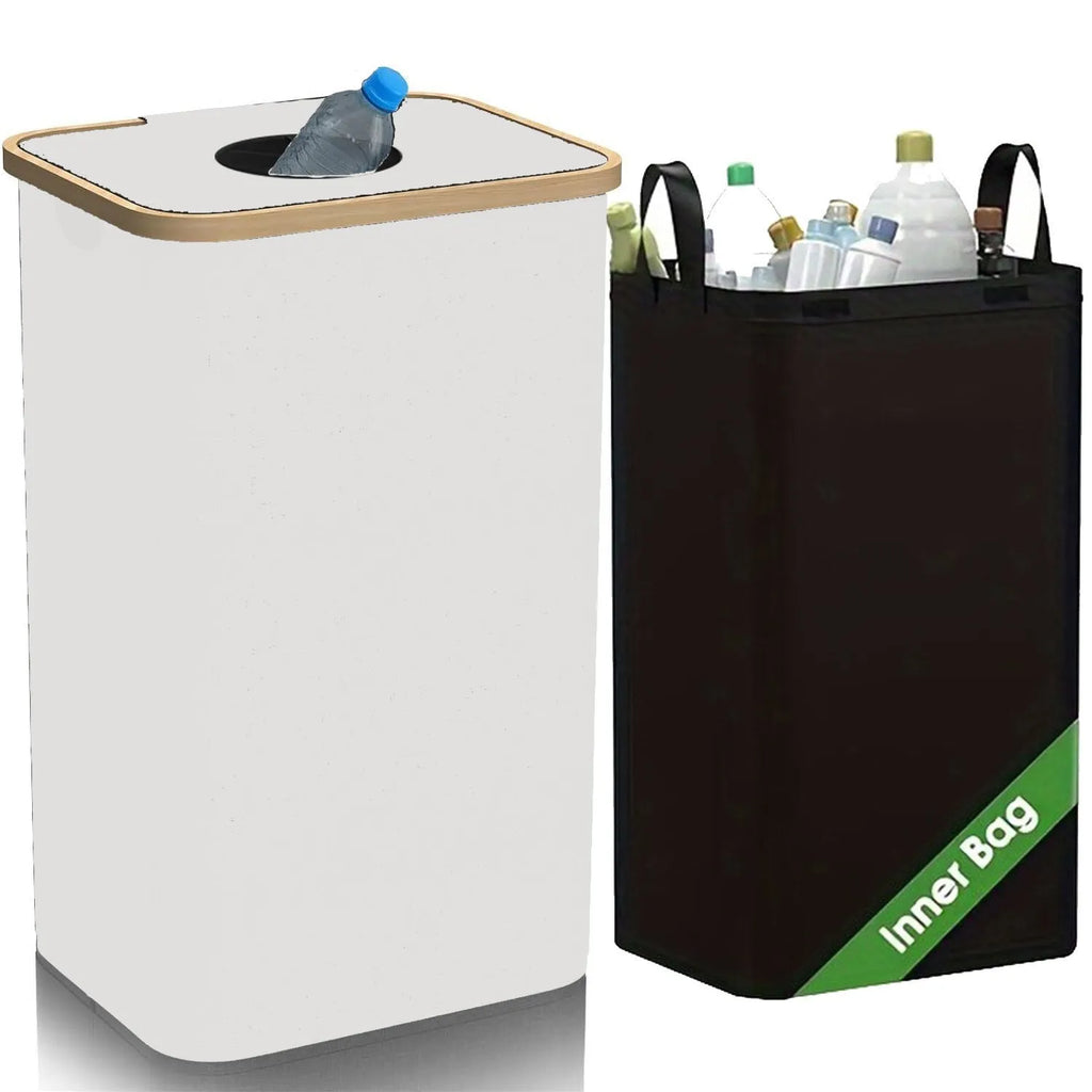 Black bamboo storage basket with lid and removable double inner Oxford cloth bag for laundry