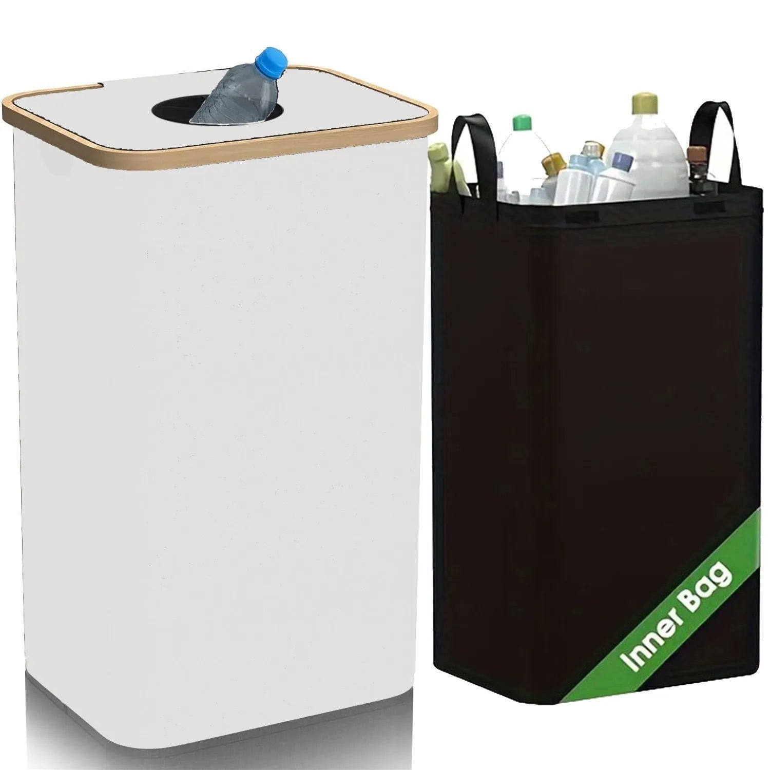 Black bamboo storage basket with lid and removable double inner Oxford cloth bag for laundry