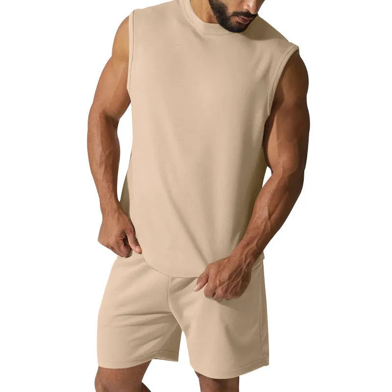 Men's sleeveless top and shorts sports set in cotton blend fabric shown in army green colour.