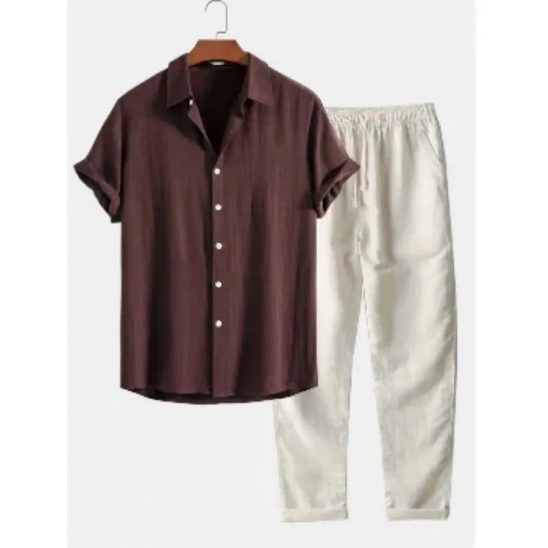 Men's casual linen-look polyester shirt and pants set in various colours, showing loose fit and coordinated styling