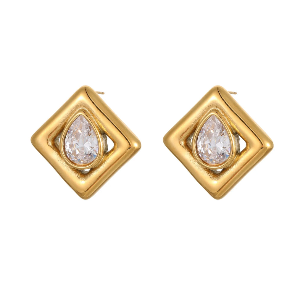 Gold geometric water drop shaped stud earrings with a central zircon stone inlay.