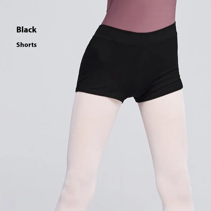 Black cotton ballet practice shorts for women with elastic waistband