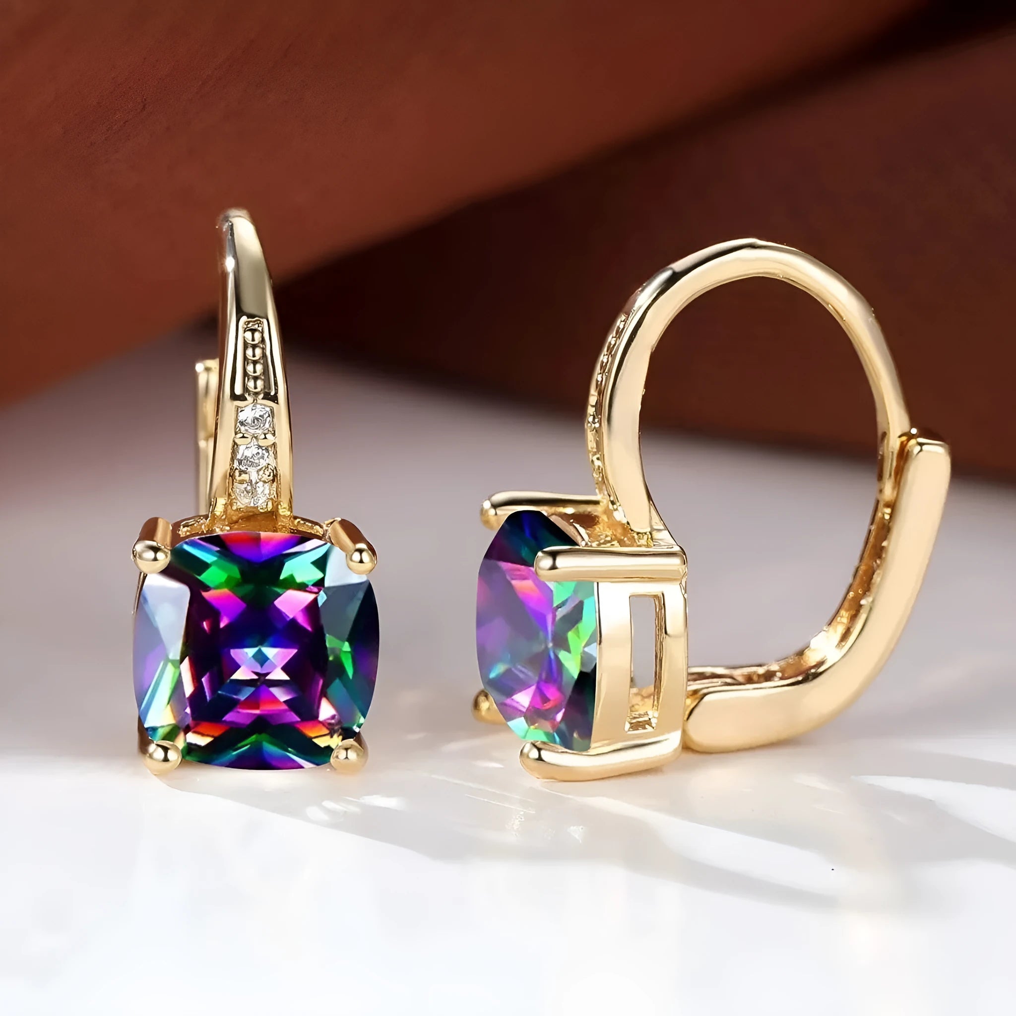 Square geometric moissanite ear clips with colourful inlays and electroplated finish