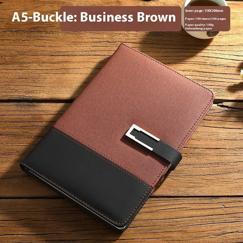 A5 business notebook with PU leather cover in brown, black, green, blue, or red, alongside a luxury gift box.
