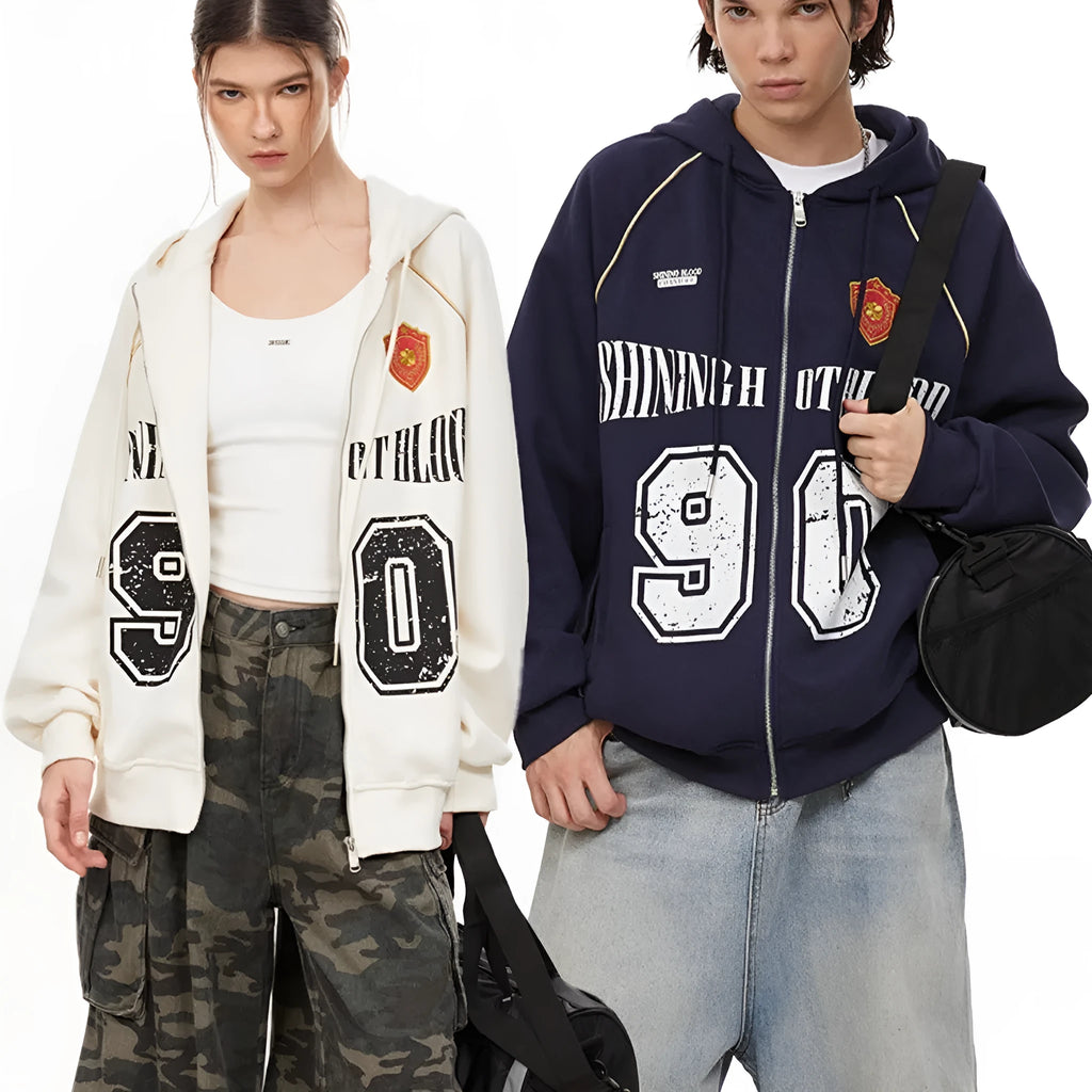 Women's American retro style hooded jacket with embroidered letter pattern in cotton blend fabric