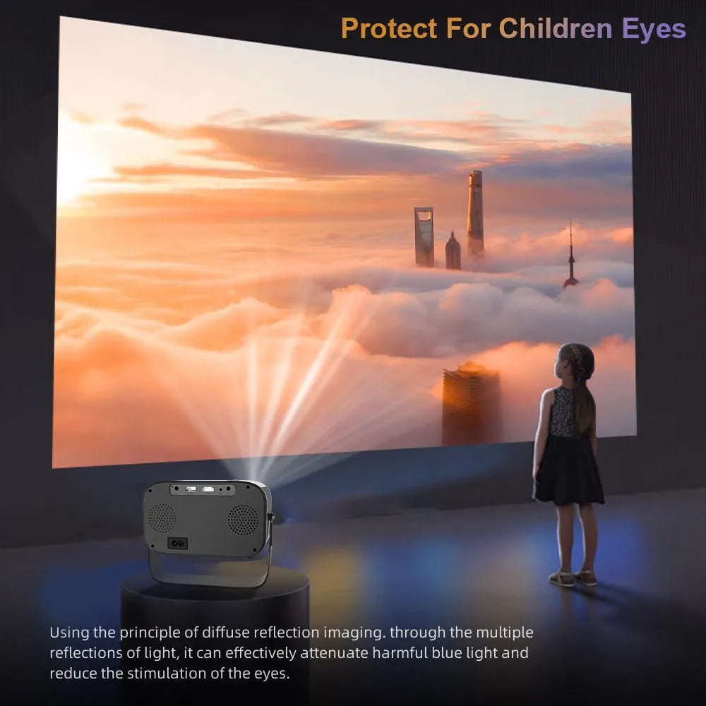 Black HD smart portable projector with remote control on table