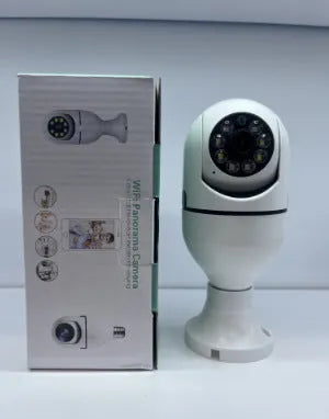 White wireless bulb security camera showing dimensions of 5cm by 12cm for indoor and outdoor use.