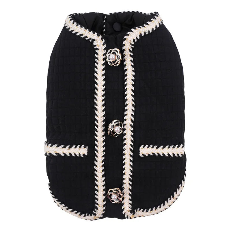 Quilted polyester pet coat with cartoon print in black colour available in multiple sizes