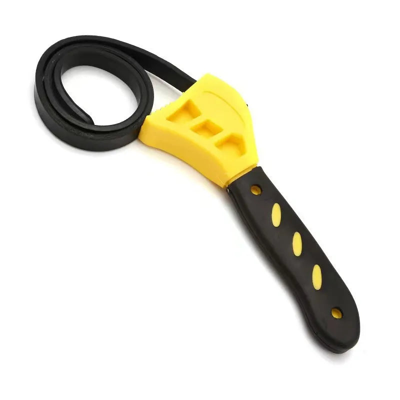 Adjustable rubber strap wrench set with 6-inch and 8-inch sizes on a workbench